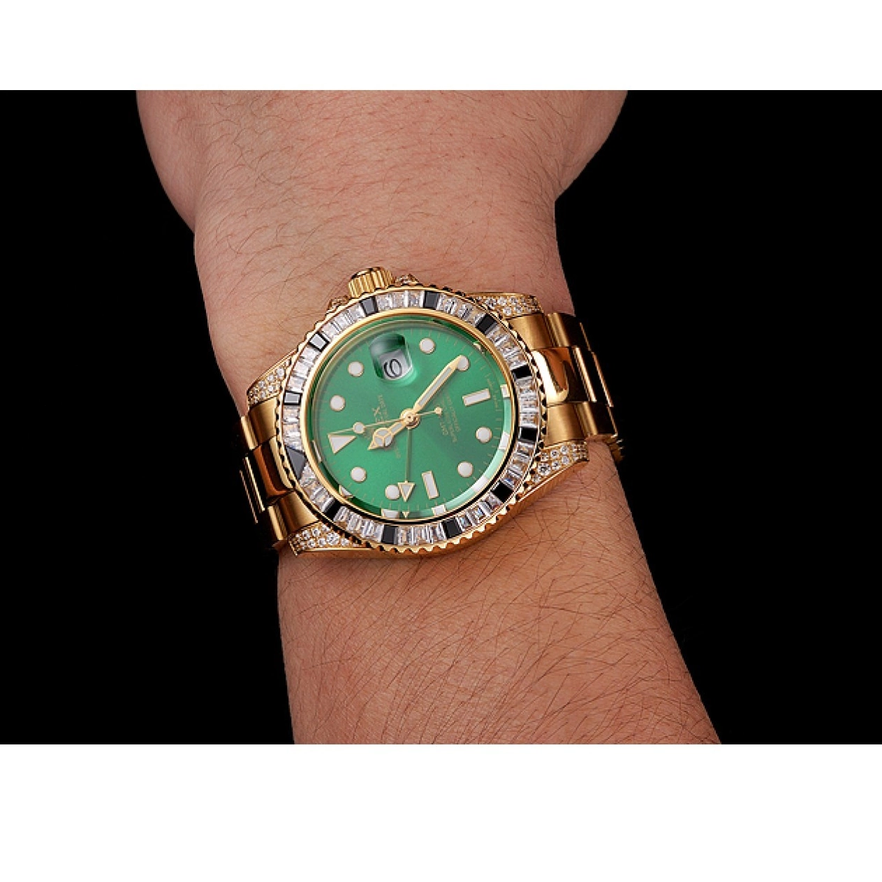 Best AAA Replica Sites Stone Dial And Master Case Swiss Bracelet Gold Green Rolex GMT II 1453748 Bezel Set 0610